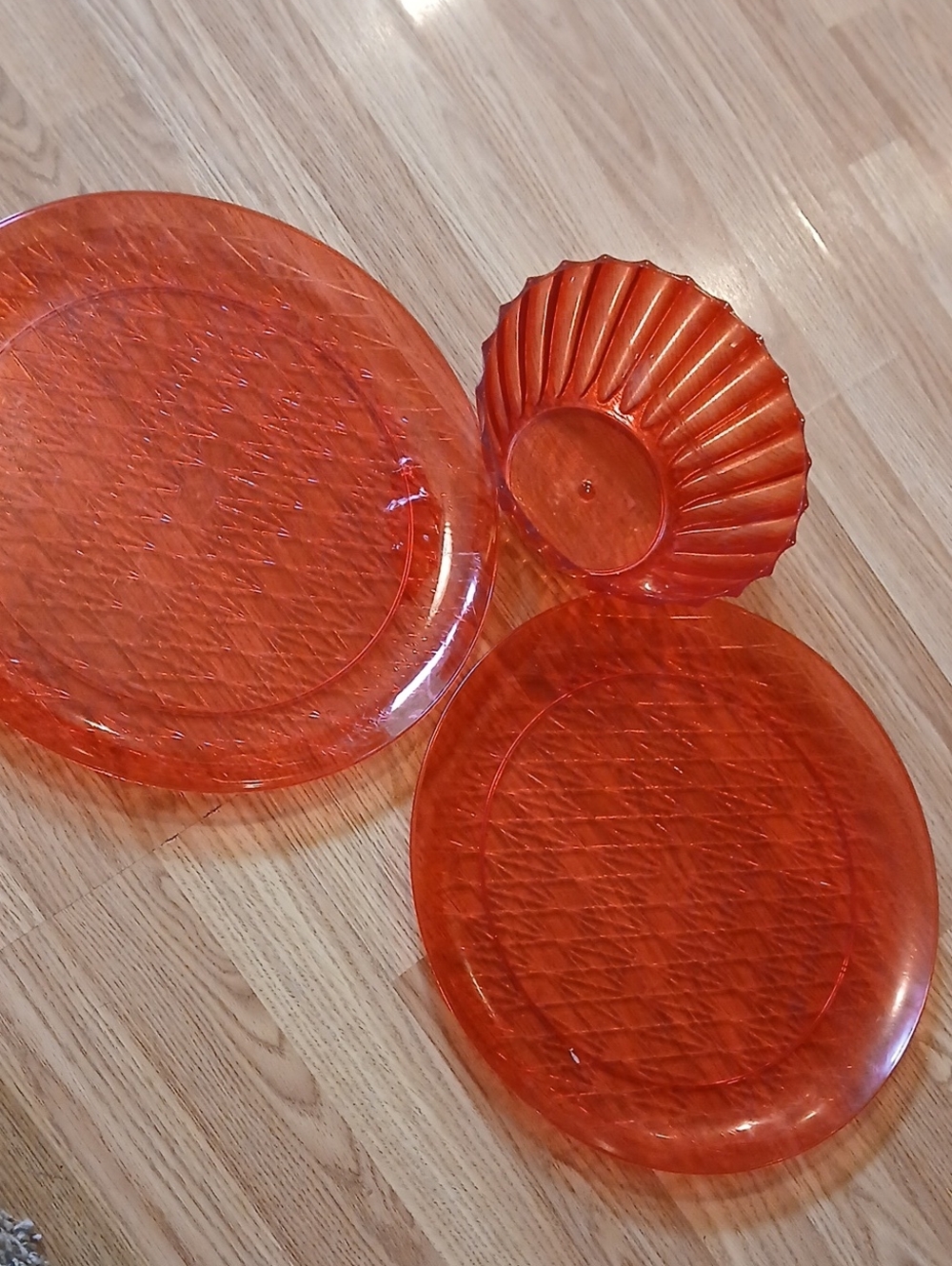 Three Plastic Red Serving Plates And Bowl